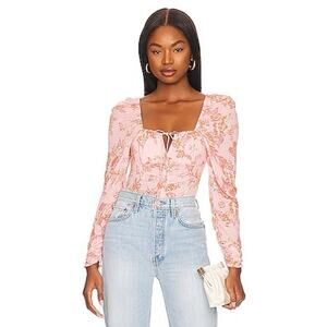Free People Hilary Floral Crop Top Size XS Pink Tie Front Long Sleeve Blouse